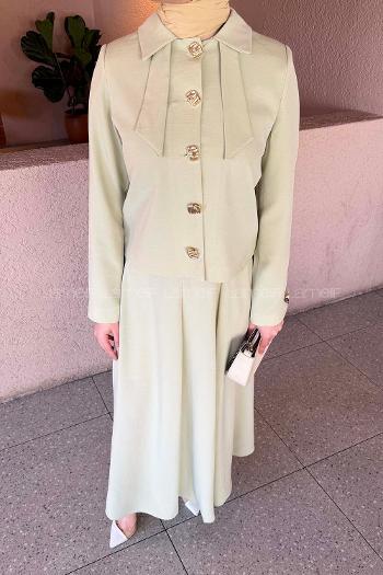 Lamelif Fiyonk Görünümlü Çift Yaka Takım Mint Yeşili