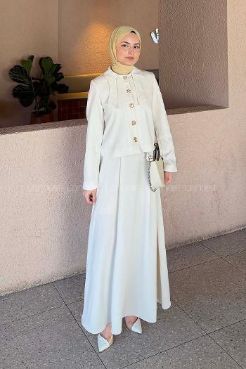 Lamelif Fiyonk Görünümlü Çift Yaka Takım Taş Rengi