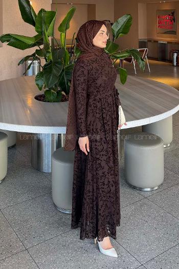 Lamelif Flok Model Elbise Acı Kahve