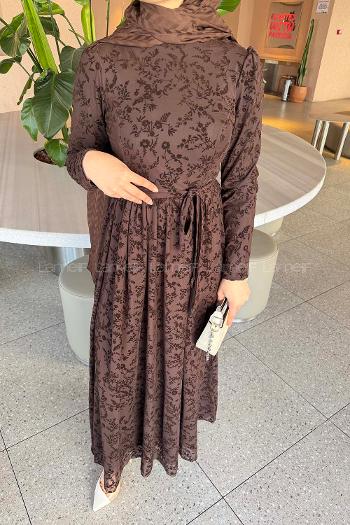 Lamelif Flok Model Elbise Acı Kahve