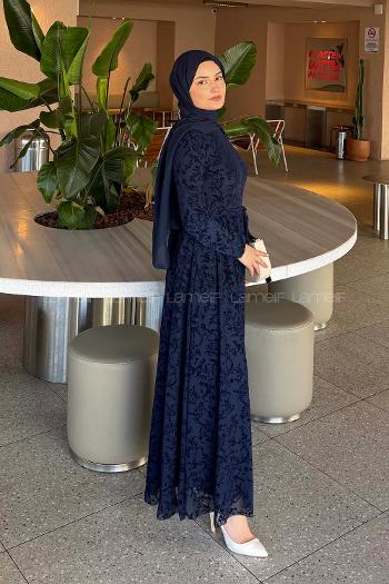 Lamelif Flok Model Elbise Lacivert
