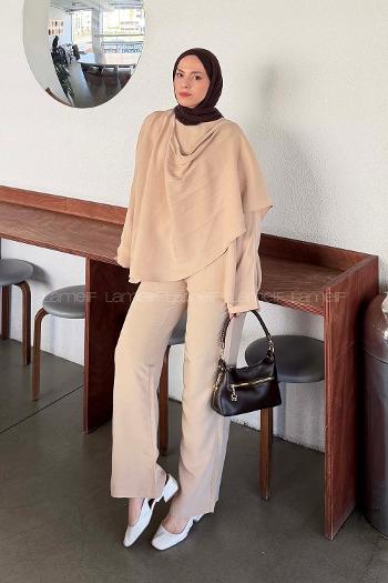 Beige Scarf Neck Long Arm Modal Regular Trousers Comfortable Suit
