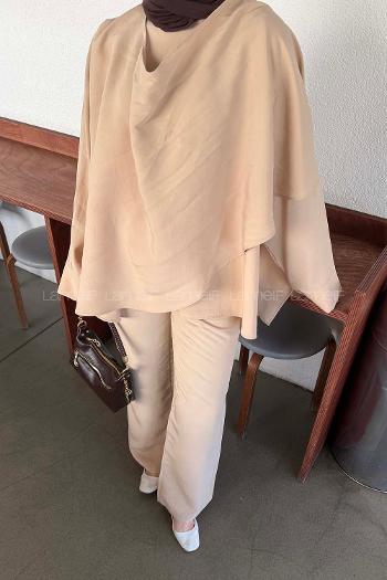 Beige Scarf Neck Long Arm Modal Regular Trousers Comfortable Suit