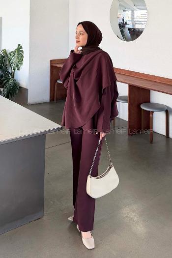 Plum Scarf Neck Long Arm Modal Regular Trousers Comfortable Suit