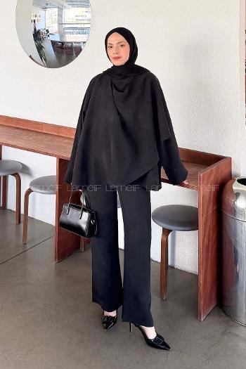 Black Scarf Neck Long Arm Modal Regular Trousers Comfortable Suit