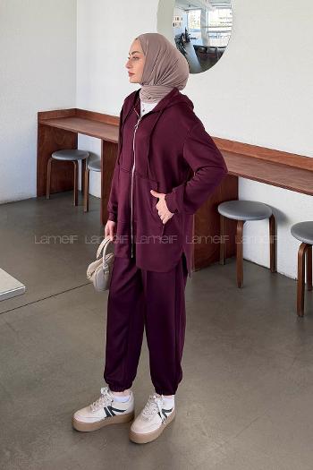 Lamelif Kapüşonlu Kanguru Cep İkili Takım Bordo