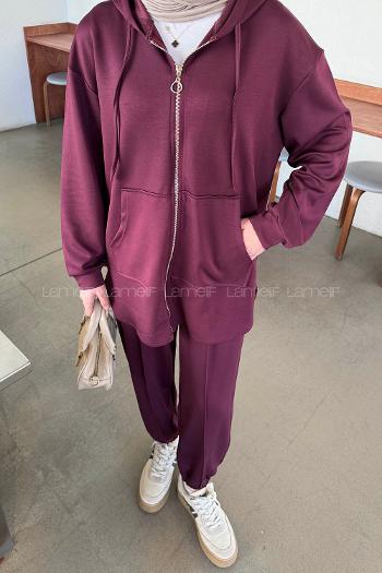 Lamelif Kapüşonlu Kanguru Cep İkili Takım Bordo