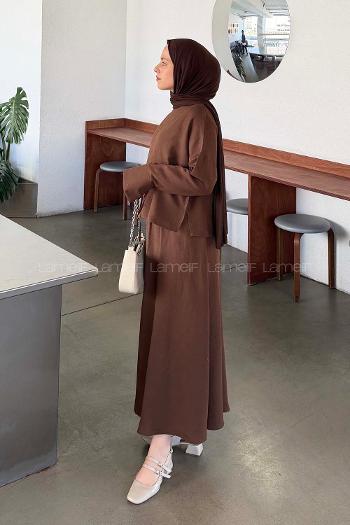 Bitter Brown Crew Neck Long Arm Linen Flared Skirt Suit