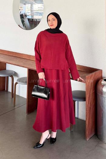 Claret Red Crew Neck Long Arm Linen Flared Skirt Suit