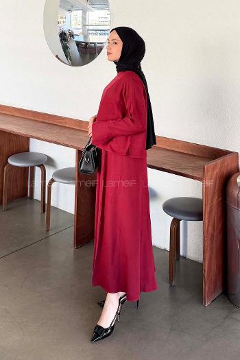 Claret Red Crew Neck Long Arm Linen Flared Skirt Suit