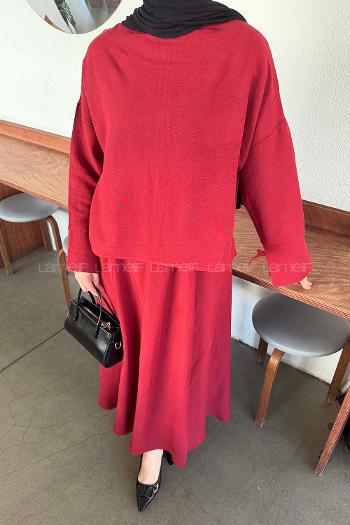 Claret Red Crew Neck Long Arm Linen Flared Skirt Suit