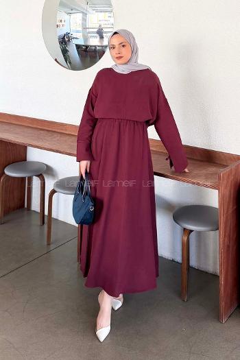 Plum Crew Neck Long Arm Linen Flared Skirt Suit