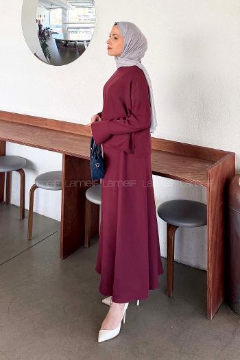 Plum Crew Neck Long Arm Linen Flared Skirt Suit
