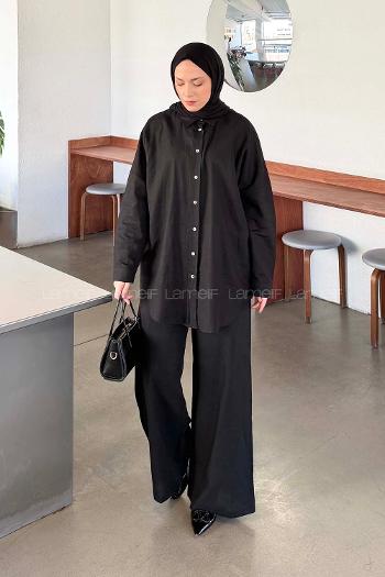 Black Shirt Collar Long Arm Linen Regular Trousers Comfortable Suit