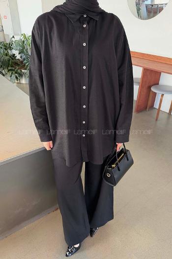 Black Shirt Collar Long Arm Linen Regular Trousers Comfortable Suit