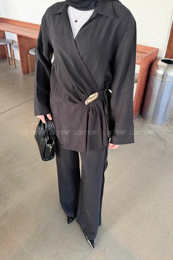 Black Pool Neck Long Arm Modal Regular Trousers Comfortable Suit