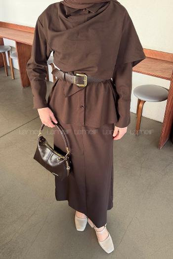 Bitter Brown Shirt Collar Long Arm Polyester Straight Skirt Suit