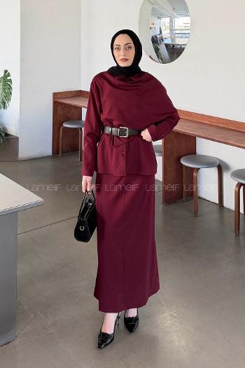 Lamelif Şal Detaylı Kemerli Takım Bordo