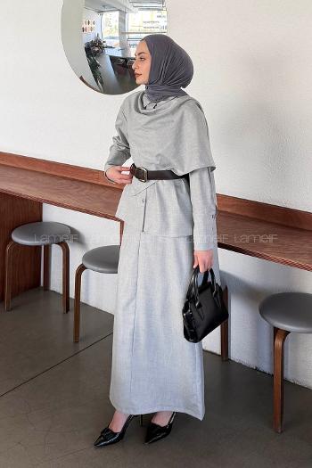 Lamelif Şal Detaylı Kemerli Takım Gri
