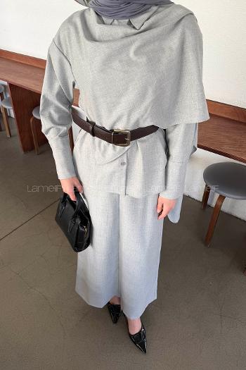 Lamelif Şal Detaylı Kemerli Takım Gri