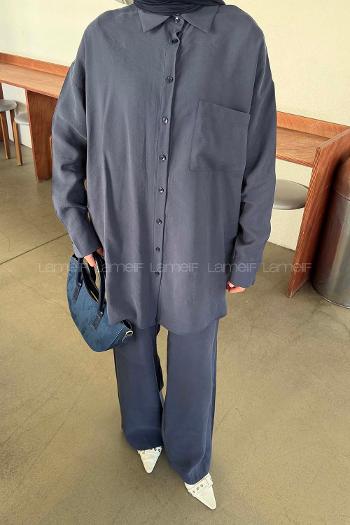 Navy Blue Shirt Collar Long Arm Modal Regular Trousers Comfortable Suit