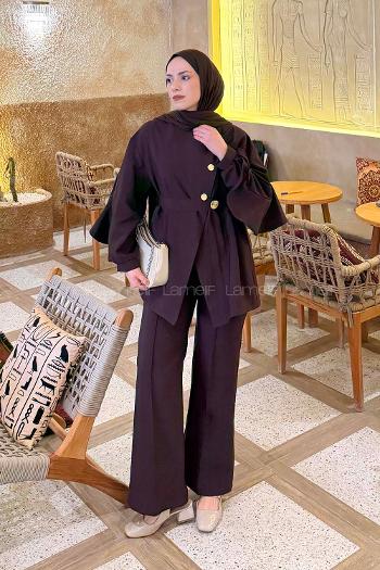 Plum Neckband Long Arm Viscose Fabric Regular Trousers Comfortable Suit