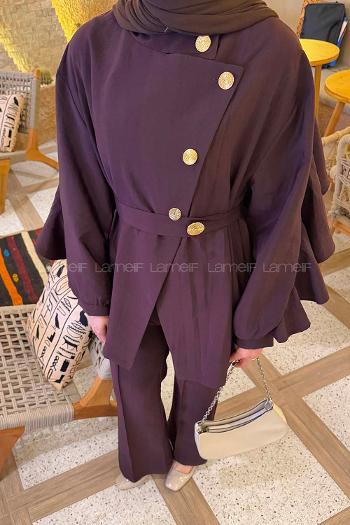 Plum Neckband Long Arm Viscose Fabric Regular Trousers Comfortable Suit