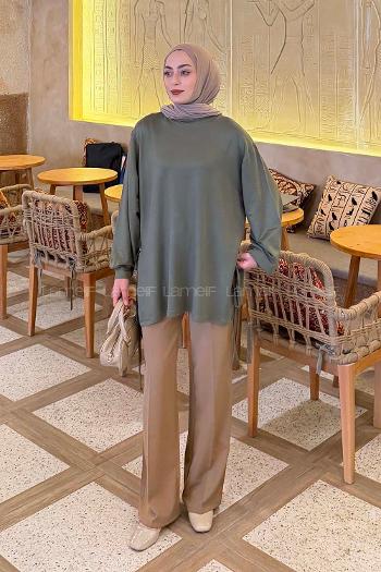 Khaki Crew Neck Viscose Fabric Unprinted Tunic