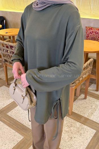 Khaki Crew Neck Viscose Fabric Unprinted Tunic