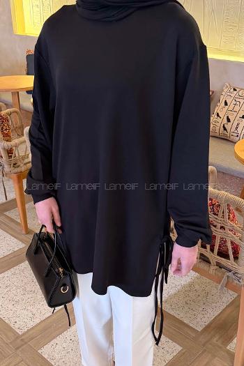 Black Crew Neck Viscose Fabric Unprinted Tunic