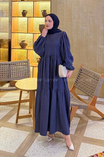 Denim Blue Crew Neck Cotton Printed Dresess