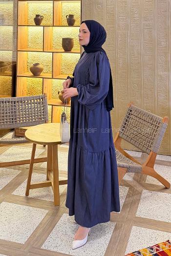 Denim Blue Crew Neck Cotton Printed Dresess