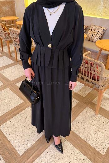 Lamelif Ceket Düğme Detaylı Etekli Takım Siyah