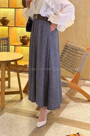 Denim Blue Linen Unprinted Flared Skirt Skirt