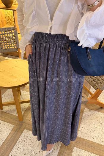 Denim Blue Linen Unprinted Flared Skirt Skirt