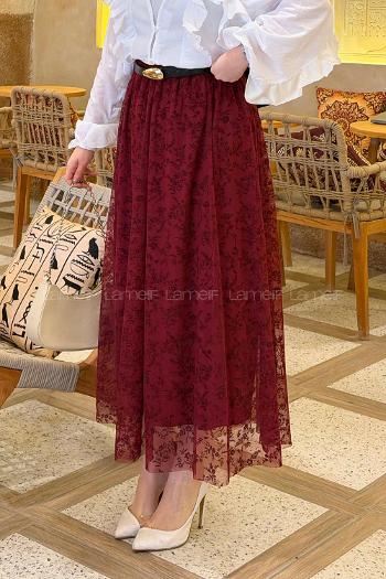 Lamelif Floklu Etek Mürdüm