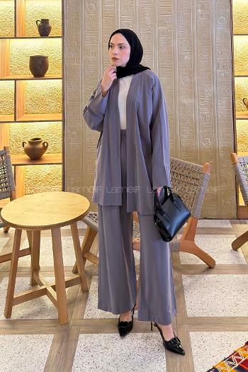 Lamelif Geniş Manşet Detaylı Pantolonlu Takım Gri