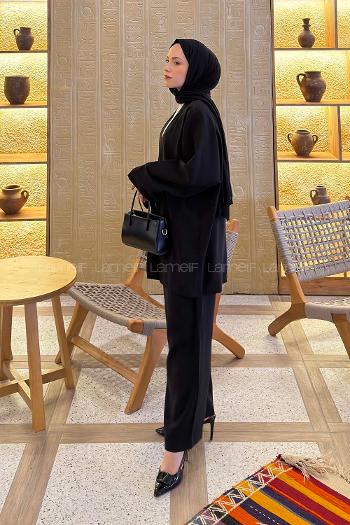 Black Normal Neck Long Arm Without Accessories Combed Fabric Regular Trousers Linen Straight Skirt Suit