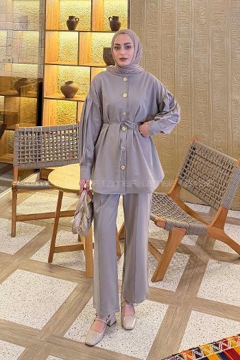 Lamelif Gold Düğme Detaylı Pantolonlu Takım Açık Gri