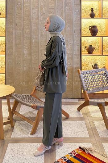 Lamelif Gold Düğme Detaylı Pantolonlu Takım Açık Haki