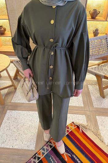 Lamelif Gold Düğme Detaylı Pantolonlu Takım Açık Haki