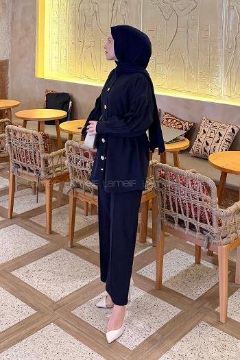 Lamelif Gold Düğme Detaylı Pantolonlu Takım Açık Lacivert