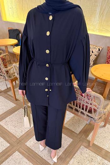 Lamelif Gold Düğme Detaylı Pantolonlu Takım Açık Lacivert