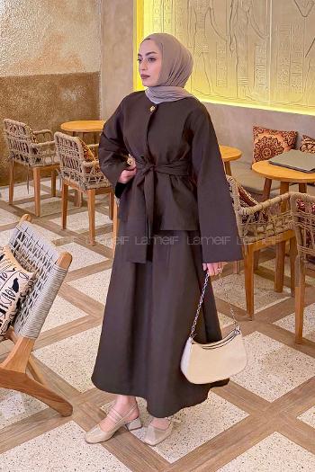 Lamelif Gold Düğmeli Etekli Takım Koyu Kahverengi