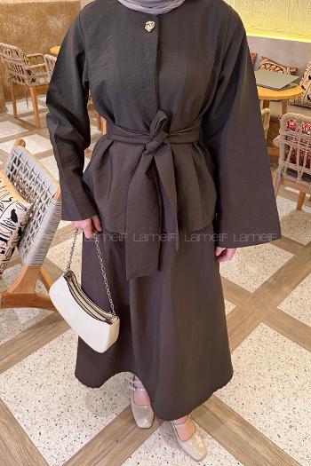 Lamelif Gold Düğmeli Etekli Takım Koyu Kahverengi