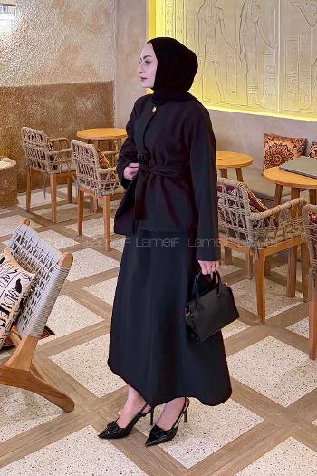 Lamelif Gold Düğmeli Etekli Takım Siyah