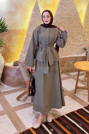 Lamelif Gold Düğmeli Etekli Takım Vizonrengi