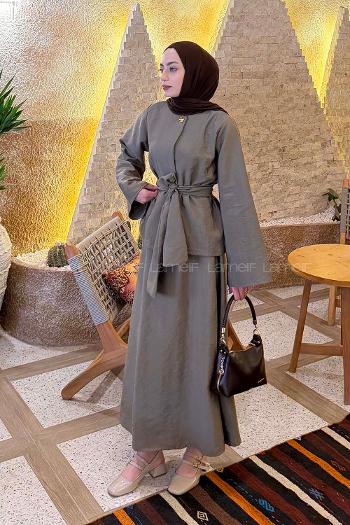 Lamelif Gold Düğmeli Etekli Takım Vizonrengi