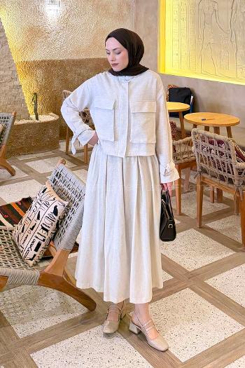 Stone Mandarin Collar Long Arm Linen Straight Skirt Suit