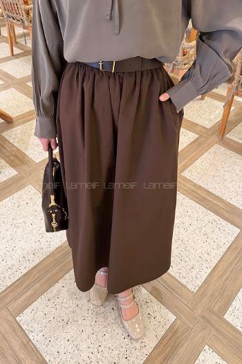 Lamelif Kemerli Poplin Etek Koyu Kahverengi